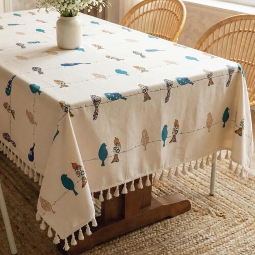 100% Cotton Printed Tablecloth with Tassels | Machine Washable Dining Table Cover | Humming Bird Blue
