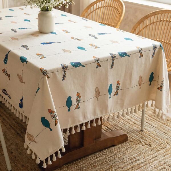 Urban Space Cotton Printed Tablecloth with Tassels 100% Cotton Printed Tablecloth with Tassels | Machine Washable Dining Table Cover | Humming Bird Blue
