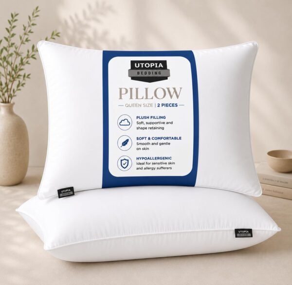 Utopia Bedding Hotel Style Microfiber Pillows Set of 2 Hotel Style Down Alternative Microfiber Pillows (White, 40 × 60 cm, Pack of 2)
