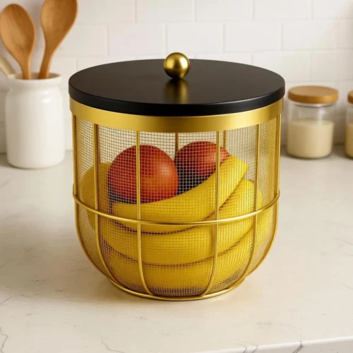 Gold Mesh Fruit Basket with Lid | Decorative Steel Storage Basket