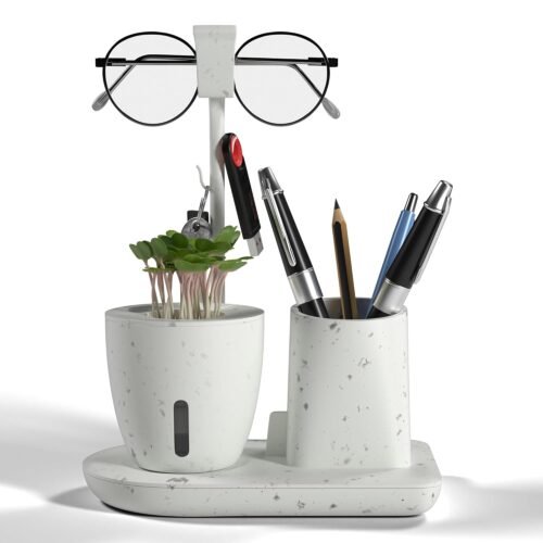 Multifunctional Desk Organizer with Self-Watering Plant Pot | Pen Stand, Phone & Glasses Holder | White