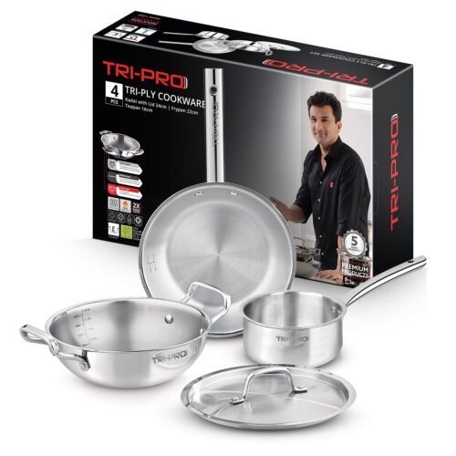 TriPro Triply Stainless Steel Cookware Set (4 Pieces) | Induction & Gas Compatible | 24 cm Kadai with Lid, 22 cm Fry Pan & 16 cm Saucepan