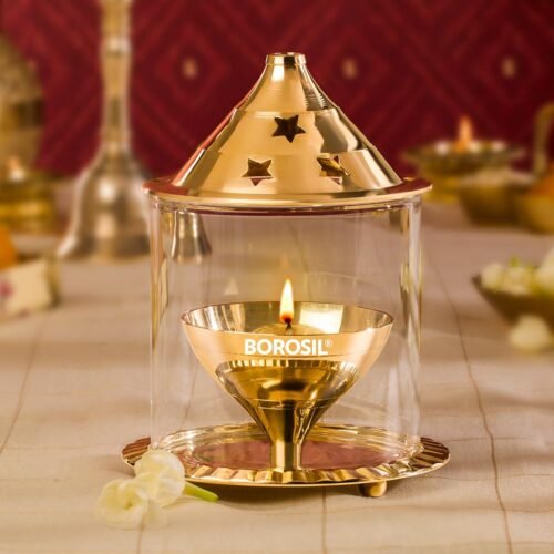 Borosil Brass Akhand Diya with Glass Cover Borosil Brass Akhand Diya with Borosilicate Glass Cover (Medium)