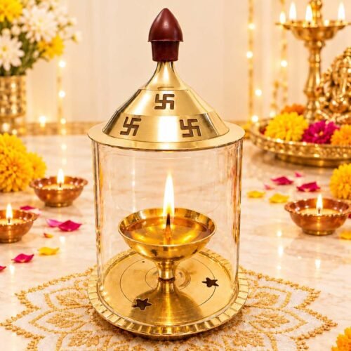 Brass Akhand Diya with Glass Cover for Pooja