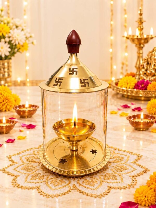 Brass Akhand Diya with Glass Cover for Pooja Brass Akhand Diya with Glass Cover for Pooja