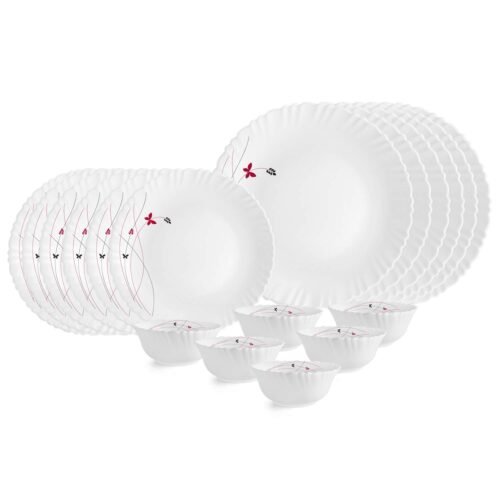 Lush Fiesta Dazzle Series Opalware Dinner Set (18 Pieces) | Bone Ash-Free & Lead-Free Opal Glass | Microwave & Dishwasher Safe | Dinnerware Set for Family of 6 | White