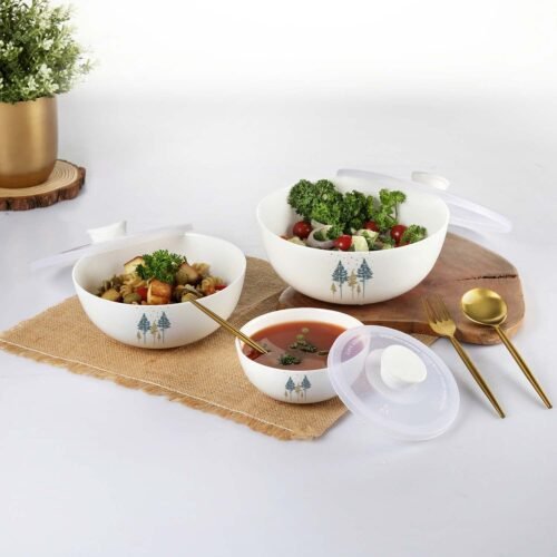 Opalware Royale Pine Mixing Bowl Set with Lids (500 ml, 1000 ml & 1500 ml) | 3-Piece Glass Serving & Storage Bowl Set | Microwave Safe