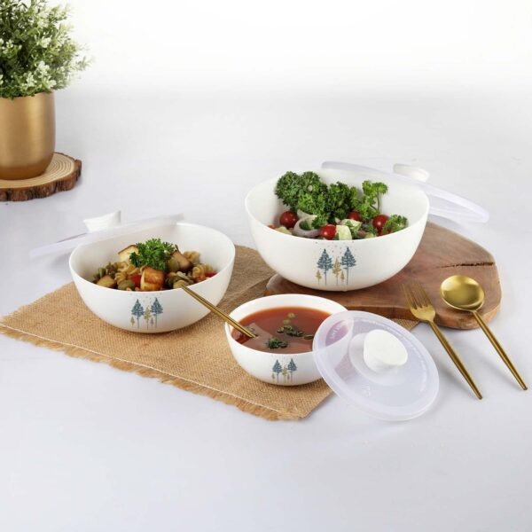CELLO Opalware Royale Pine Mixing Bowl Set with Lids (3-Piece) Opalware Royale Pine Mixing Bowl Set with Lids (500 ml, 1000 ml & 1500 ml) | 3-Piece Glass Serving & Storage Bowl Set | Microwave Safe