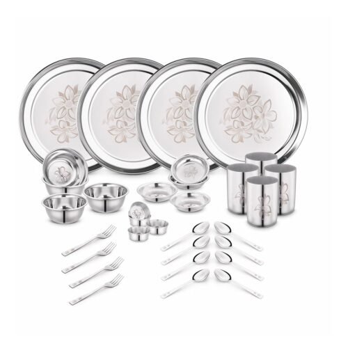 Stainless Steel Dinner Set (32 Pieces) | Heavy Gauge 202 SS | Dinnerware Set for 4 People | Silver