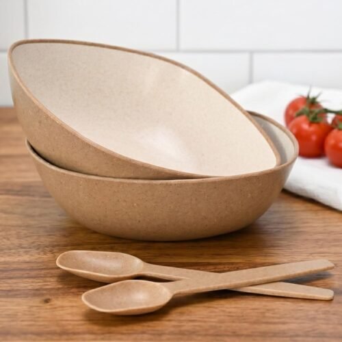 Eco-Friendly Rice Husk Biocomposite Bowls with Spoons (Set of 2, 750 ml) | Microwave & Dishwasher Safe | Reusable Serving Bowl Set