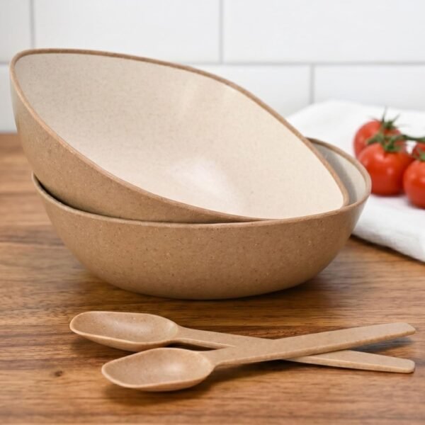 Eha Rice Husk Biocomposite Bowl Set (2 x 750 ml) Eco-Friendly Bowls Eco-Friendly Rice Husk Biocomposite Bowls with Spoons (Set of 2, 750 ml) | Microwave & Dishwasher Safe | Reusable Serving Bowl Set