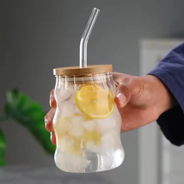 Glass Can Sipper Mug (510 ml) with Bamboo Lid & Reusable Straw | Glass Coffee Cup for Iced Coffee, Bubble Tea, Juice & Smoothies