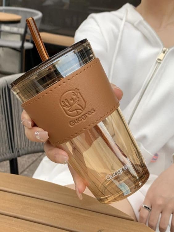 KiKiluxxa Glass Coffee Tumbler with Leather Sleeve (450 ml) Glass Coffee Tumbler with Lid, Straw & Leather Sleeve (450 ml) | Reusable Drinking Glass for Coffee, Tea, Smoothies & Juice | Microwave & Dishwasher Safe | Brown Berry