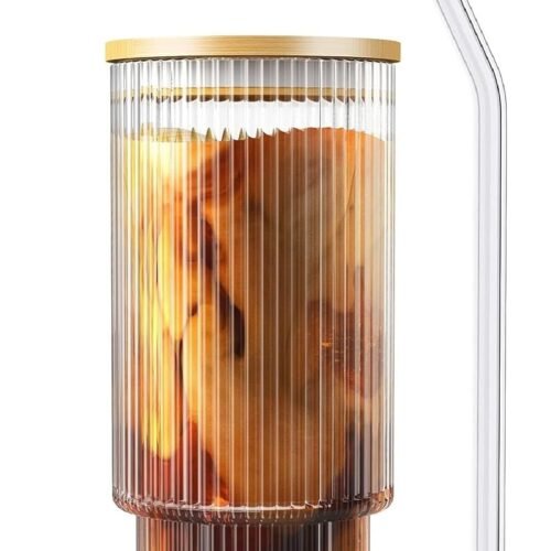 KiKiluxxa Ribbed Glass Coffee Mug with Bamboo Lid & Glass Straw Ribbed Glass Coffee Mug with Bamboo Lid & Glass Straw | Tempered Glass Tumbler for Coffee, Tea, Juice & Cold Drinks | Microwave & Dishwasher Safe | Transparent (Pack of 1)
