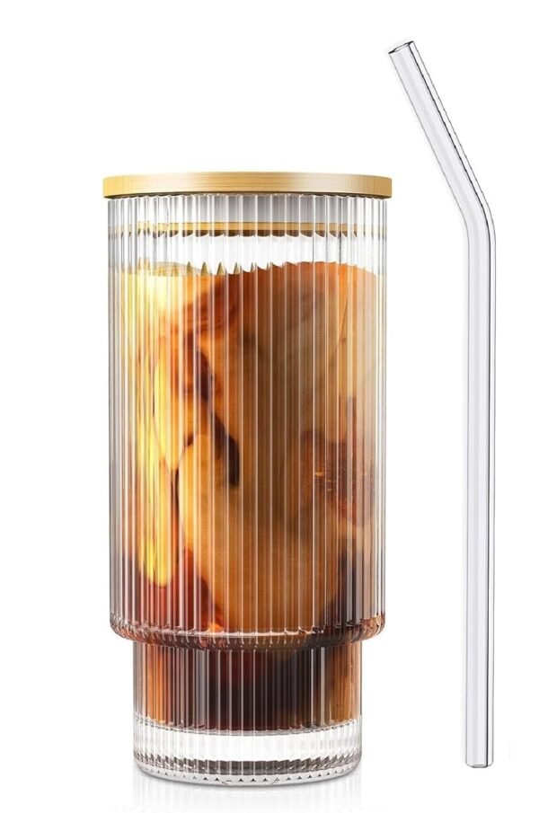 KiKiluxxa Ribbed Glass Coffee Mug with Bamboo Lid & Glass Straw Ribbed Glass Coffee Mug with Bamboo Lid & Glass Straw | Tempered Glass Tumbler for Coffee, Tea, Juice & Cold Drinks | Microwave & Dishwasher Safe | Transparent (Pack of 1)