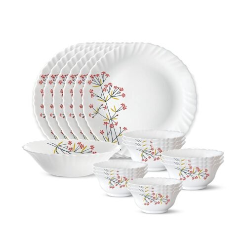 Silk Series Opalware Dinner Set (19 Pieces) | Bone Ash-Free | Microwave & Dishwasher Safe | Dinnerware Set for Family of 6 | Red Bud