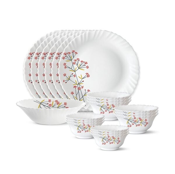 Larah by Borosil Silk Series Opalware Dinner Set (19 Pieces) Red Bud Silk Series Opalware Dinner Set (19 Pieces) | Bone Ash-Free | Microwave & Dishwasher Safe | Dinnerware Set for Family of 6 | Red Bud