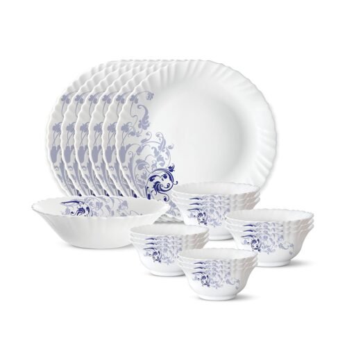 Silk Series Opalware Dinner Set (19 Pieces) | Bone Ash-Free | Microwave & Dishwasher Safe | Dinnerware Set for Family of 6 | Blue Eye