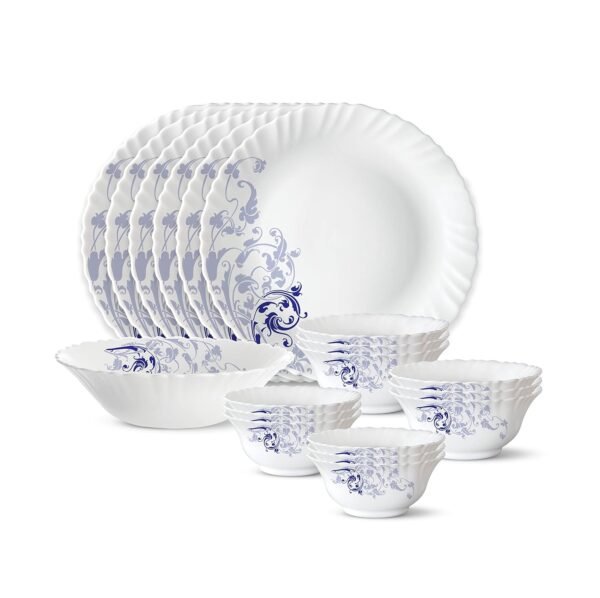 Larah by Borosil Silk Series Opalware Dinner Set Silk Series Opalware Dinner Set (19 Pieces) | Bone Ash-Free | Microwave & Dishwasher Safe | Dinnerware Set for Family of 6 | Blue Eye
