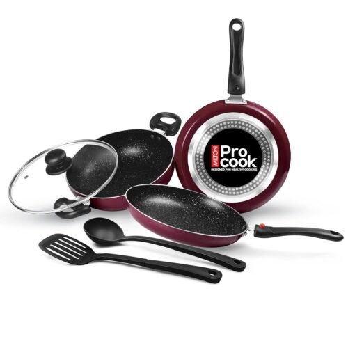 Pro Cook Non-Stick Cookware Set (5 Pieces) | Induction & Gas Compatible | Kadai with Lid, Fry Pan, Tawa, Ladle & Spatula | PFOA-Free Aluminium