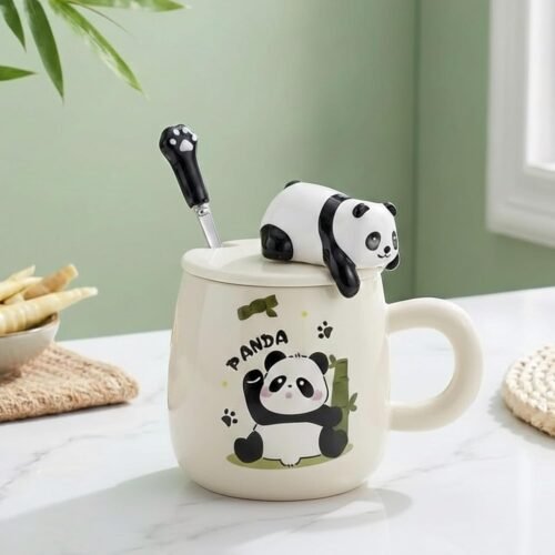 NYRWANA Panda Ceramic Coffee Mug 350 ml with Lid & Spoon Panda Ceramic Coffee Mug (350 ml) with Lid & Spoon | Cute Coffee Cup for Tea, Milk & Hot Chocolate | Microwave & Dishwasher Safe Gift Mug