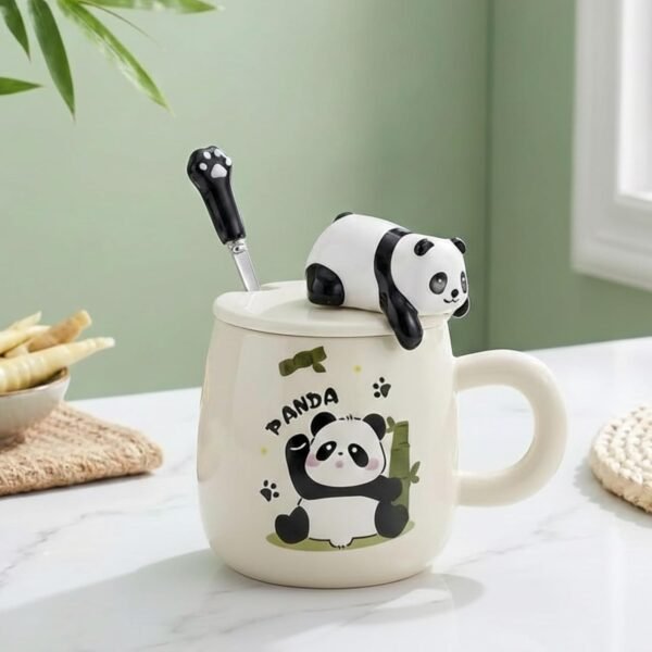 NYRWANA Panda Ceramic Coffee Mug 350 ml with Lid & Spoon Panda Ceramic Coffee Mug (350 ml) with Lid & Spoon | Cute Coffee Cup for Tea, Milk & Hot Chocolate | Microwave & Dishwasher Safe Gift Mug