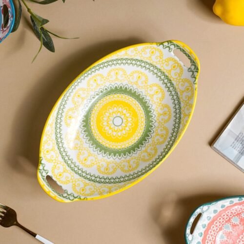 Ceramic Oval Serving Platter with Handles | Yellow Mandala Print | Microwave & Dishwasher Safe Serving Tray (10.8 Inch)