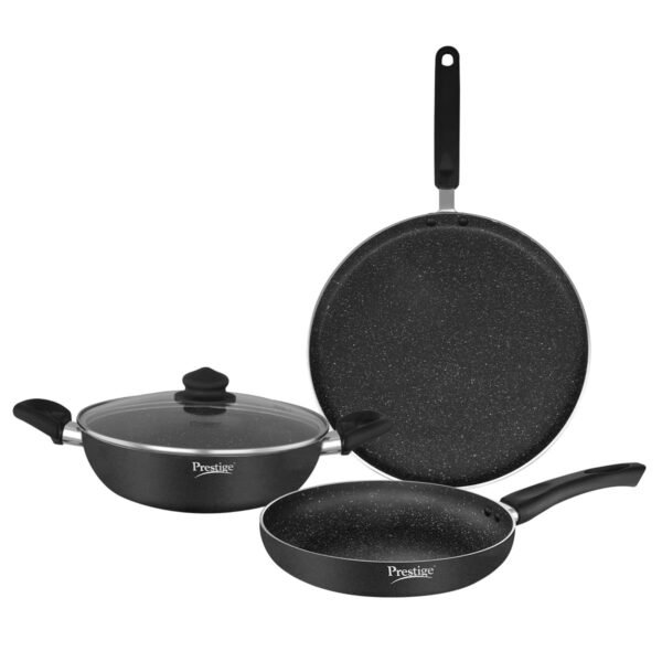 Prestige Omega Deluxe Granite Non-Stick Cookware Set (3 Pieces) Omega Deluxe Granite Non-Stick Cookware Set (3 Pieces) | Induction & Gas Compatible | Tawa, Fry Pan & Kadai with Glass Lid | Spatter-Coated Aluminium