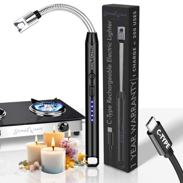 Rechargeable Electric Gas Lighter USB Type-C Plasma Arc Lighter with Flexible Neck Rechargeable Electric Gas Lighter with Flexible Neck | USB Type-C Plasma Arc Lighter | Windproof Flameless Lighter for Gas Stove, Candles, BBQ & Puja | Safety Lock | Black