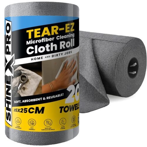Tear-EZ Microfiber Cleaning Cloth Roll (20 Sheets) | Reusable & Washable Cleaning Towels | Super Absorbent, Lint-Free, Tearable Cloth for Kitchen, Glass, Furniture & Car Cleaning
