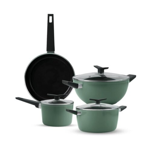Tramontina Aura Ceramic Non-Stick Cookware Set (7 Pieces) Aura Ceramic Non-Stick Cookware Set (7 Pieces) | Induction & Gas Compatible | 28 cm Kadai, 24 cm Fry Pan, 24 cm Casserole & 16 cm Saucepan | Sea Green