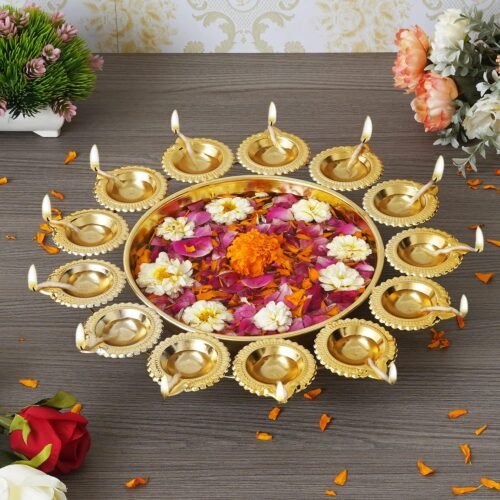 Webelkart Decorative Urli Bowl with 12 Diya Holders (14 Inch)